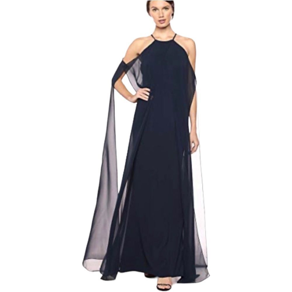 Carmen Marc Valvo Crepe and Chiffon Halter Gown with Attached Cape